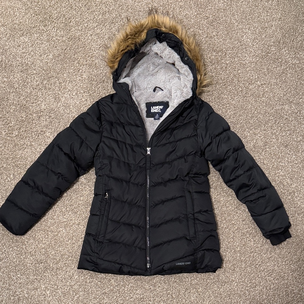Lands' End Kids Black Puffer Coat with Faux Fur Trim